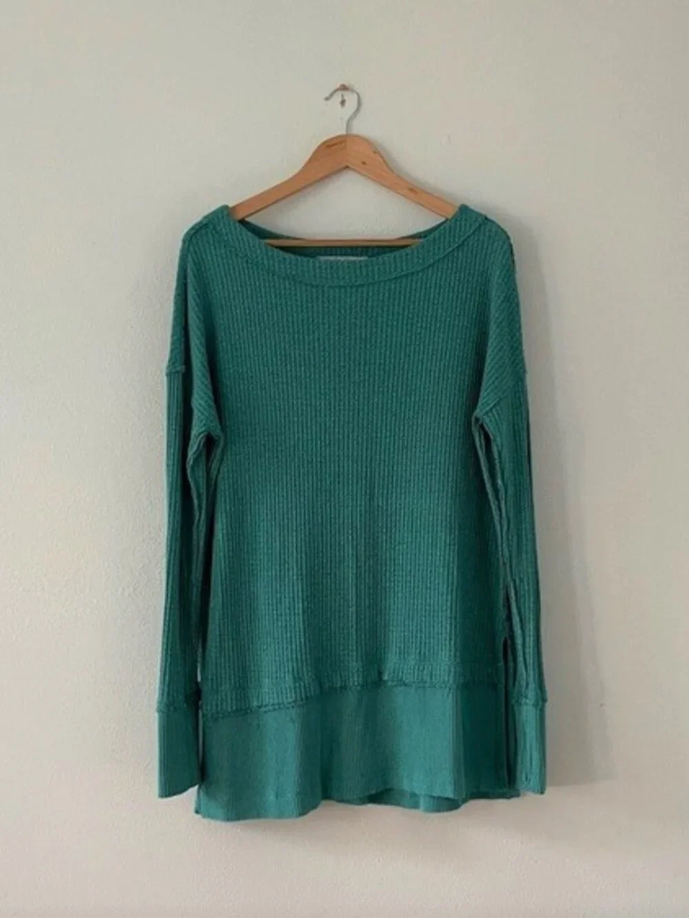 Free People North Shore Waffle Top Oversized Thermal Pullover Tunic Green
